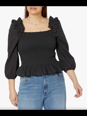 The Drop Smocked Square-Neck Black Puff Sleeve Top
